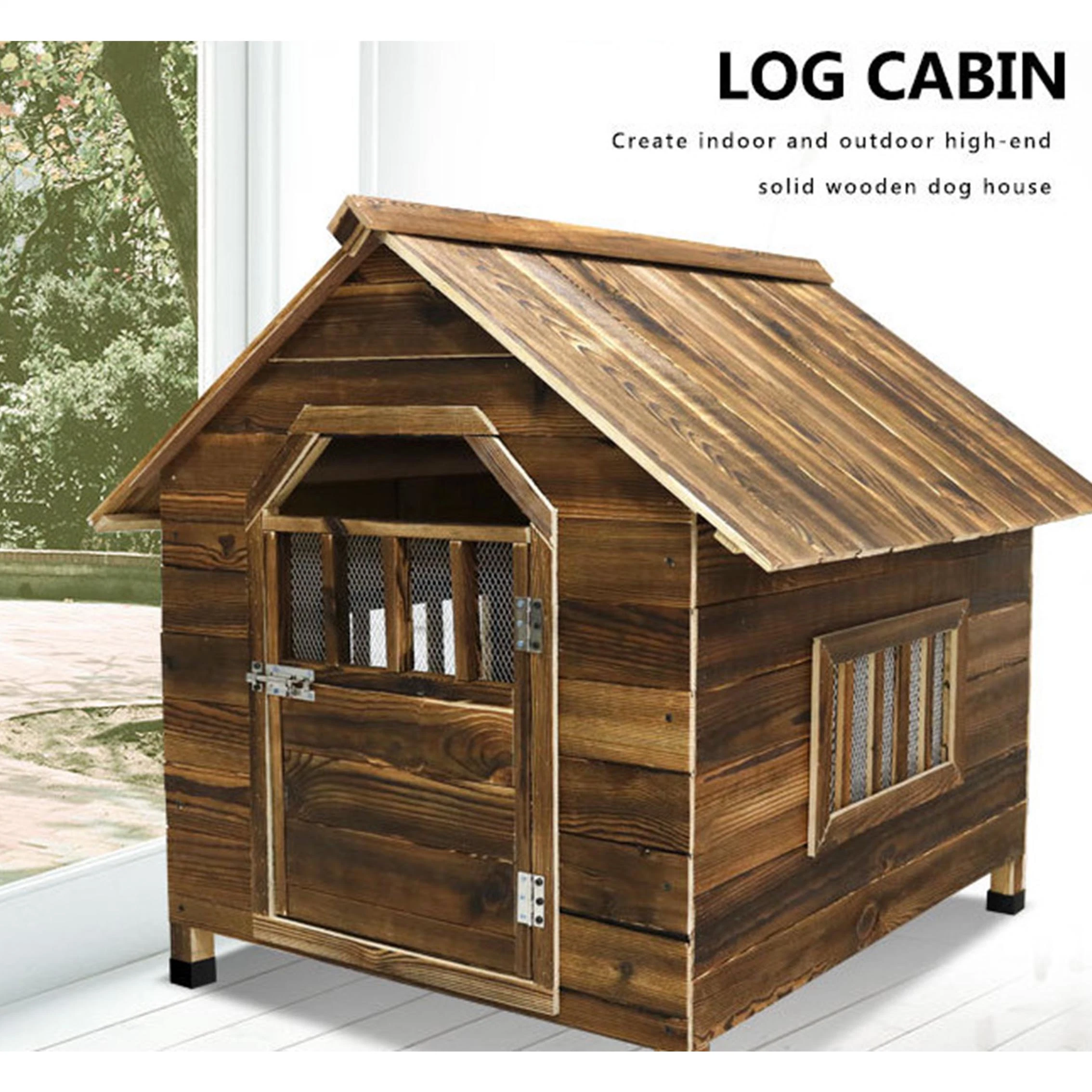 Solid Wood Warm Outdoor Indoor Carbonized Anticorrosive Rainproof Solid Wood Dog Cage Kennel Dog House Pet Villa Furniture Amaw-0127