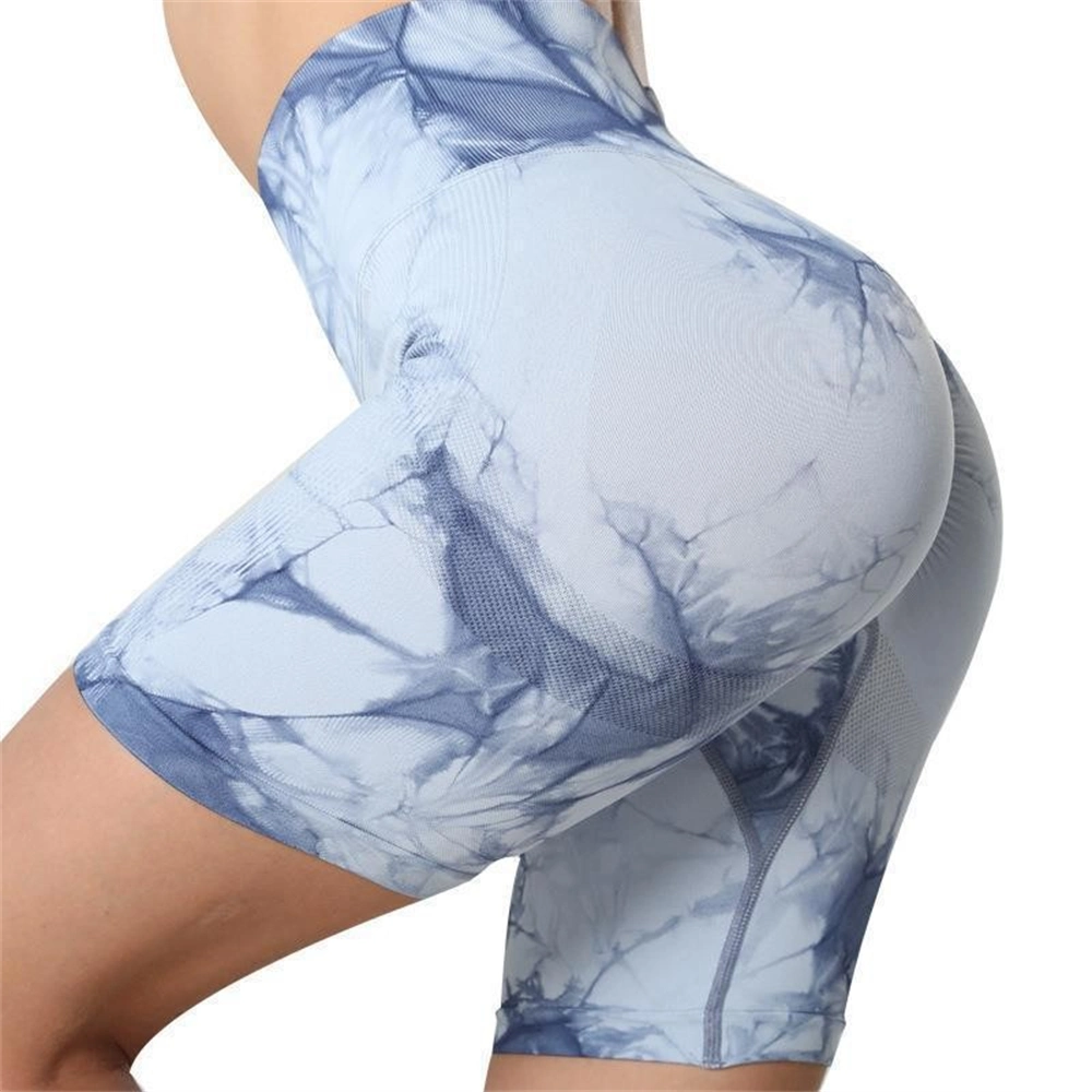 Shorts de cycliste en gros sans couture, teinture nouée, taille haute, élasticité, fesses en pêche, remontées, sexy, shorts de yoga.