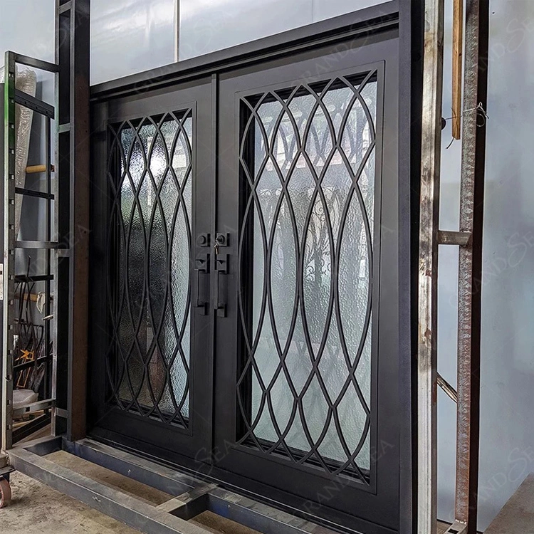 Modern Flat Top Wrought Iron Double Glass Front Door Design