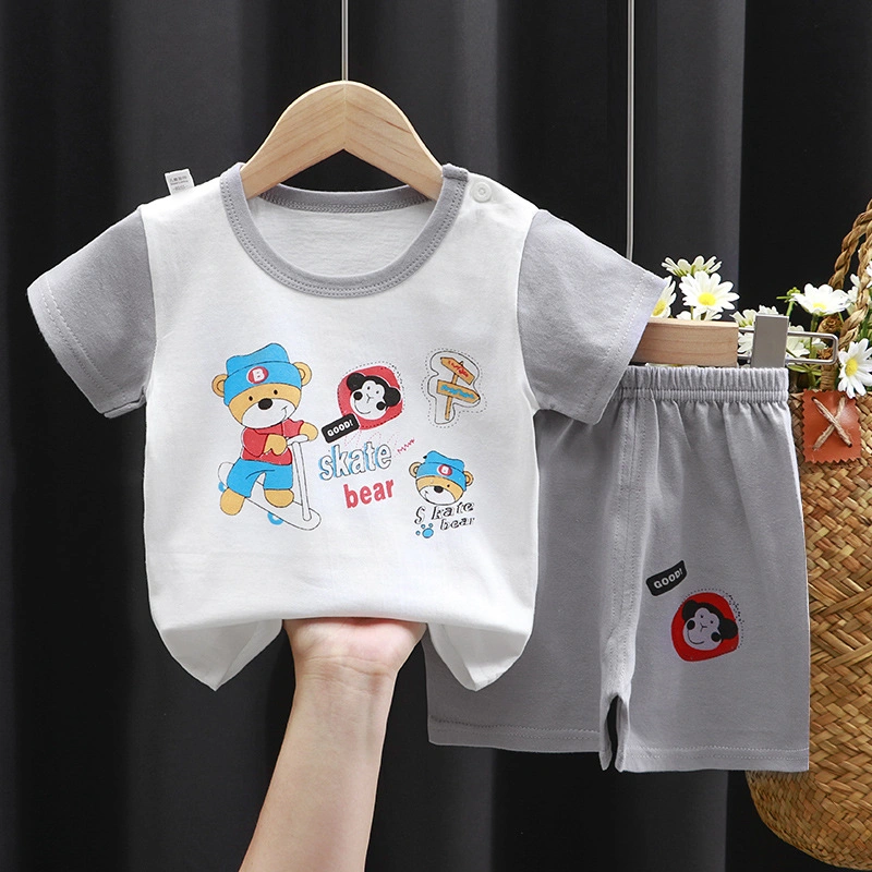 Children's Short-Sleeved Suit Cotton Boys Summer Short-Sleeved Shorts T-Shirt Baby Cotton Girls' Clothing Home Clothes