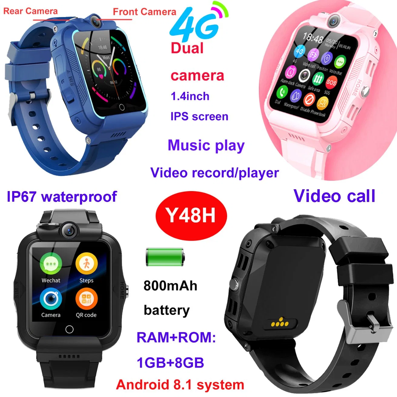 Großhandel 4G Handy Kinder Sicherheit GPS Smart Tracker Watch Telefon für Kinder Jungen Mädchen mit Dual-Kamera-Videoanruf Y48H