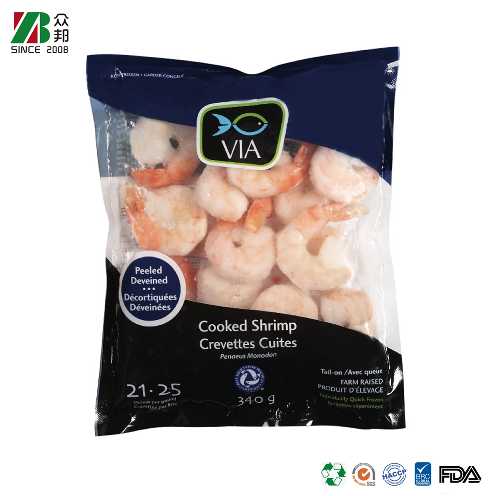 Personalizado Laminado transparente resealable PA/PE pescado congelado pescado pescado marisco langostinos Bolsa de plástico flexible de plástico para el embalaje de camarones