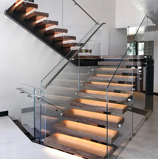 Stainless Steel Mirror Finish Marble Staircase U Shape Design Glass Railing Stairs