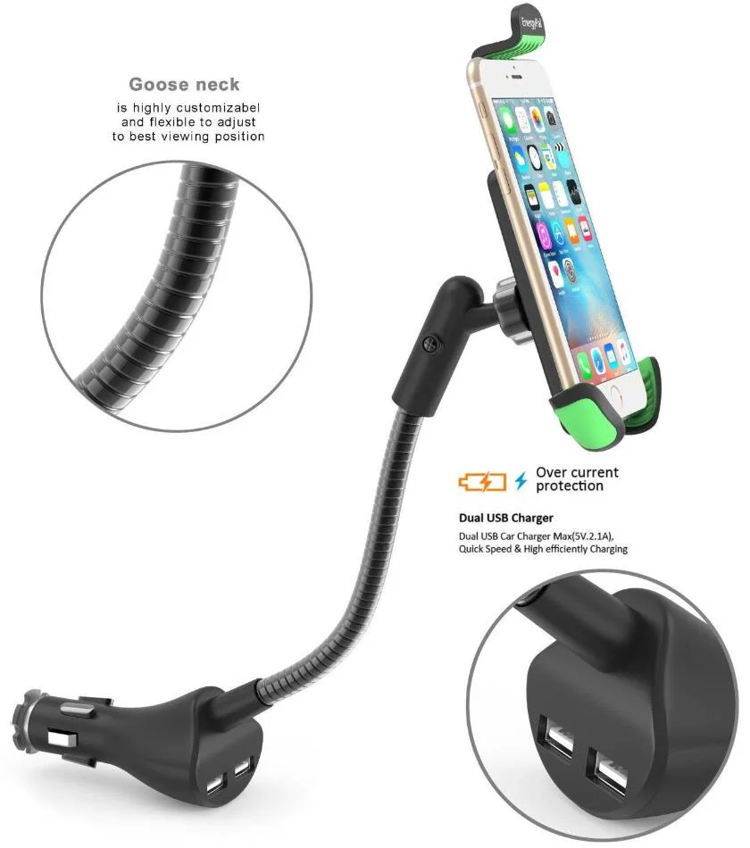 Car Smartphone Mount 360 Rotable Holder with Dual USB 2.1A Charger