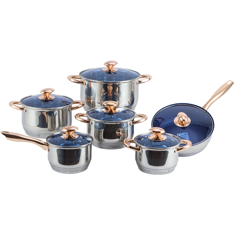 Wholesale/Supplier 12PCS Stainless Steel Cookware Set with Golden Handles and Blue Glass Lid, Economic Kitchenware Suitable for Any Cooktops with Pots and Pans