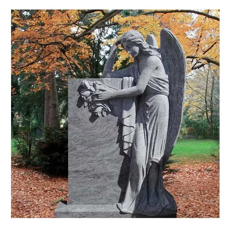 Cemetry Memoral Gravestone Natural Gris sólido Granite Headstone Angel con Esculturas de corazón