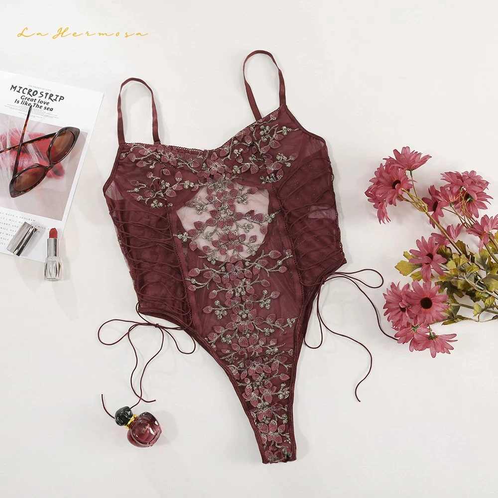 Sexy Lingerie Sets See-through Outfit Damen Spitze Blumenstickerei Schnürung Einteiliges Sexy Unterwäsche-Set Oln0826