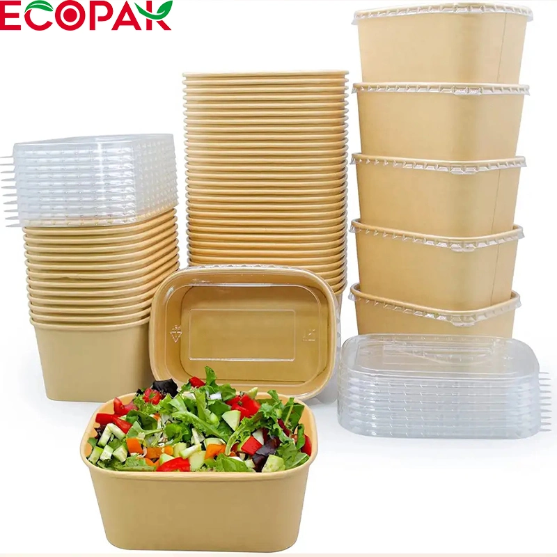 Custom biodegradable Kraft papel cuencos Embalaje de alimentos forma rectangular ensalada Recipientes de fruta