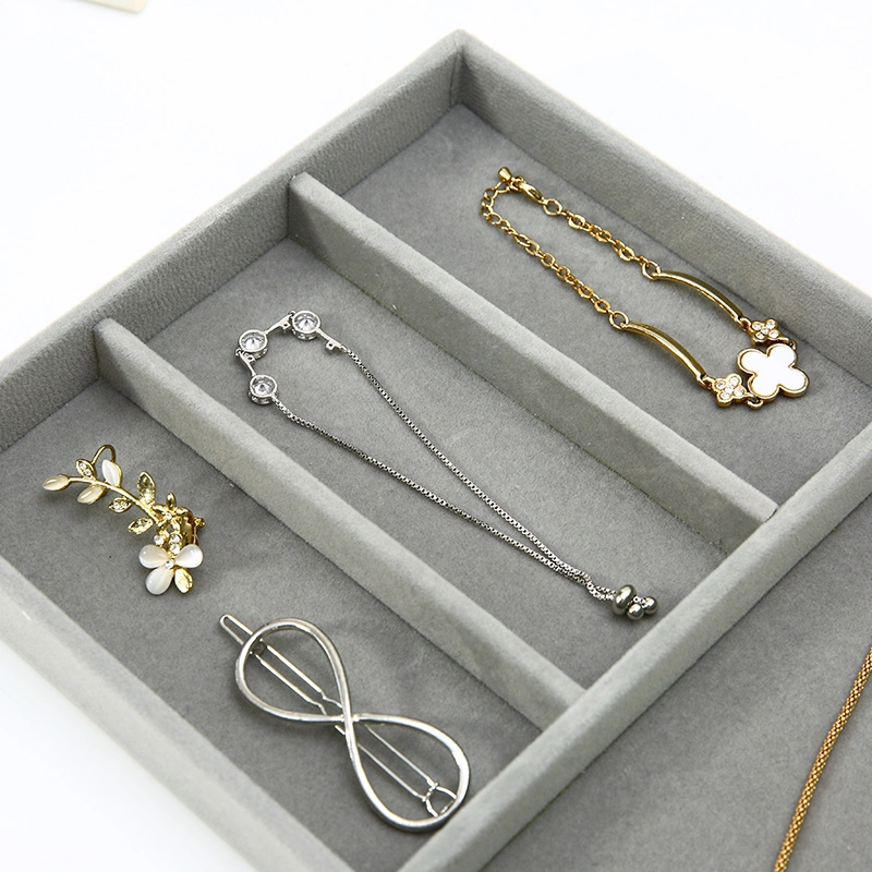 Elegante collar de bandeja organizador de joyería de terciopelo gris apilable de varios cajones hechos a mano Caja de almacenamiento de joyas de la pulsera de la cadena