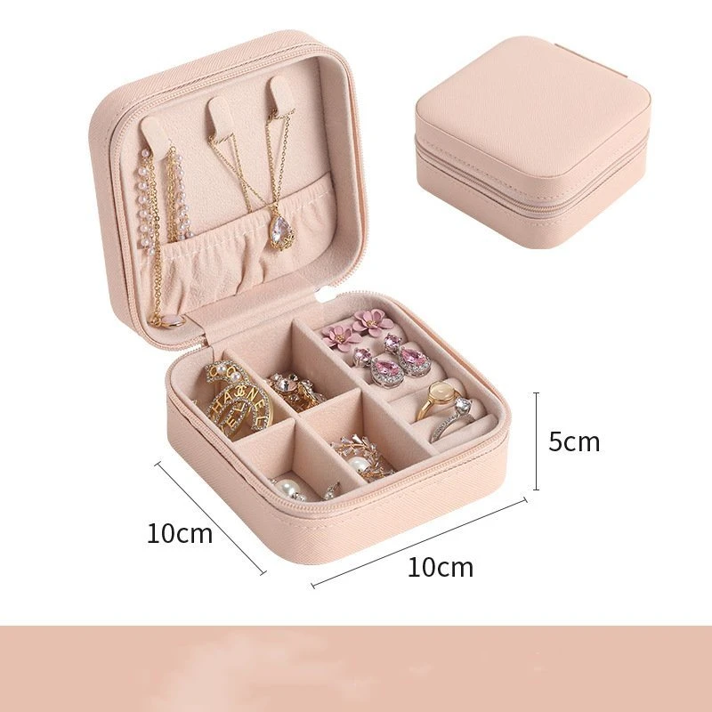 Caja de joyas portátil Organizador Anillo Pulsera de cuero de PU Joyería pequeña caja de almacenamiento con cremallera