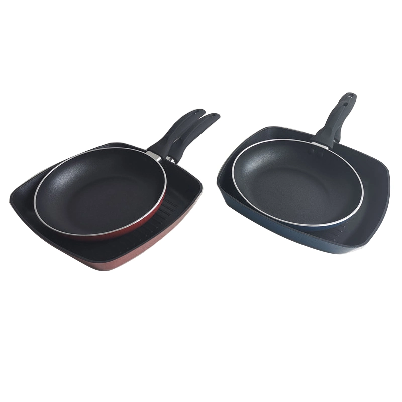 Juego de utensilios de cocina antiadherentes 2pcs Square Grill &amp; Fry Pan Juego en mármol gris