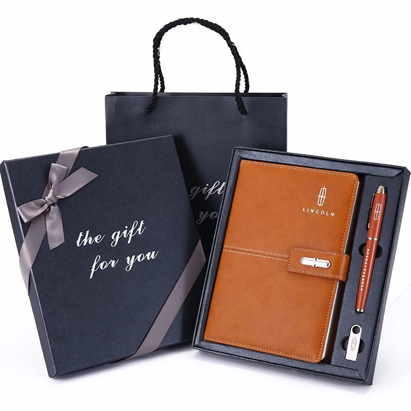 Custom Style A5 Paper PU Leather Ofiice Stationery Notebook Promotion Gift Set with Pen and USB