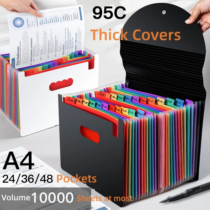 A4 Size 25 Pockets Black Color PP Material Free-Standing Expanding Organizer File Folder Expandable Accordion Folder with Elastic Cord