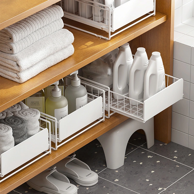 "Under-Sink Kitchen Storage Shelf - Double-Layer Cabinet Divider Organizer Pull-out Design for Bathroom and Sink Storage"