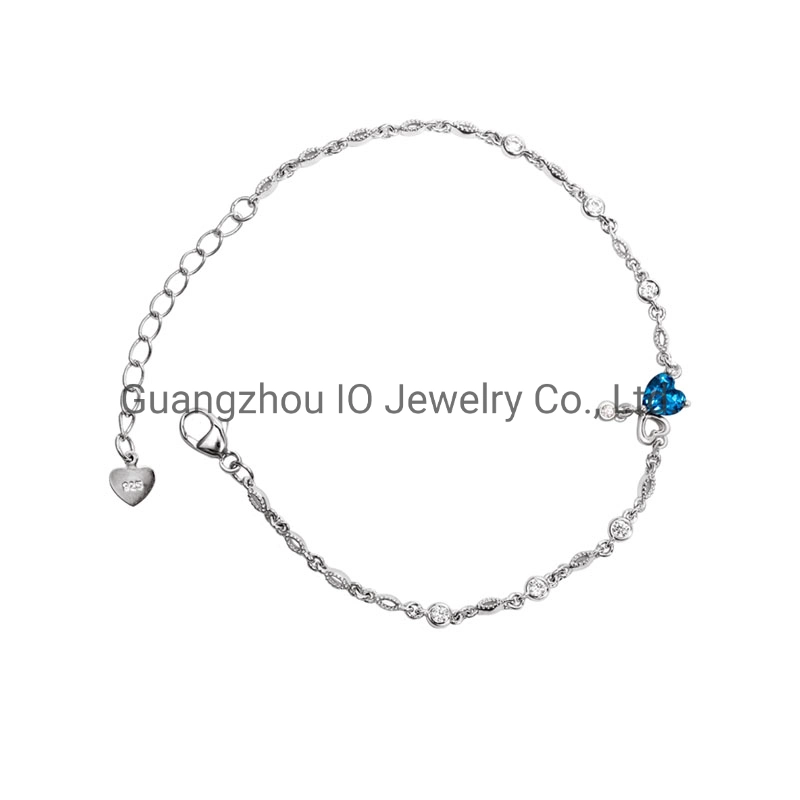 Wholesale/Supplier 925 Sterling Silver Link Chain Bracelet with Gemstone and Tail Chain and Heart Tag