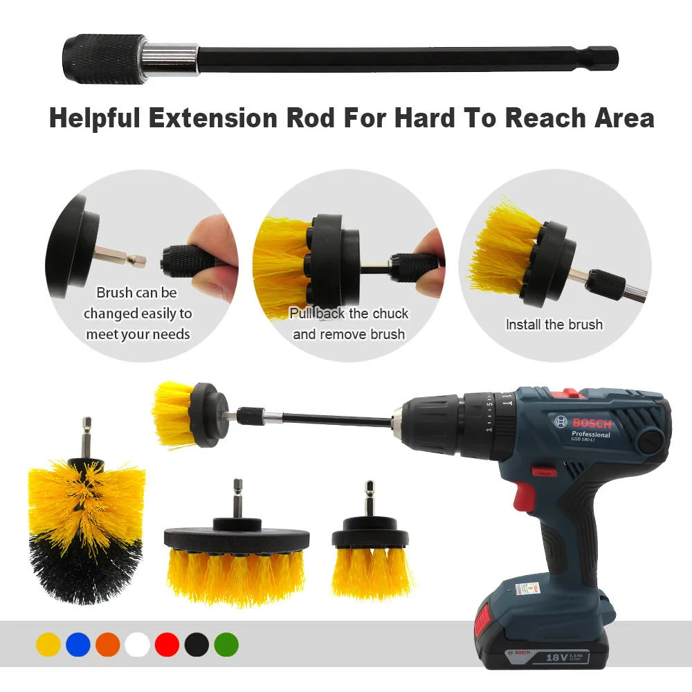 4PCS/Set Yellow Drill Brush Attachment Set Car Cleaning Kit for Bathroom Surfaces, Grout, Floor