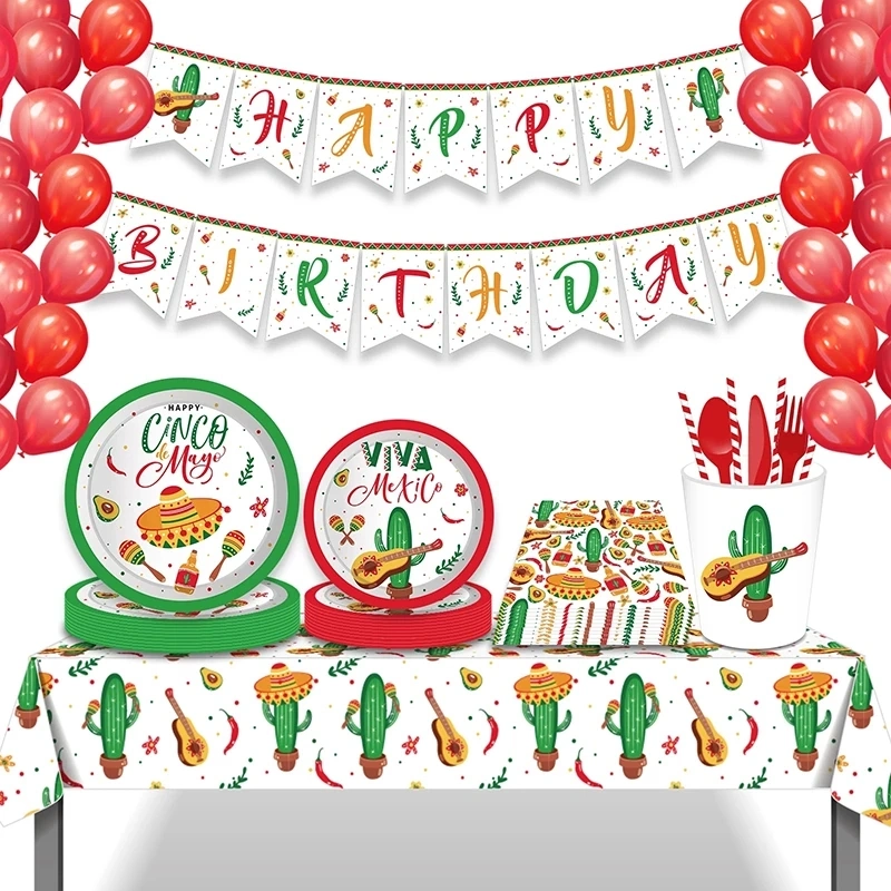 Mexico Fiesta Cactus Taco Balloon Cartoon Theme Party Disposable Tableware Paper Plates Cup Mexican Party Favors Decor Supplies