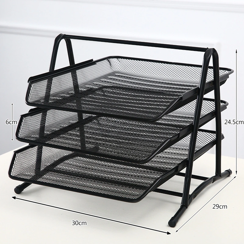 3-Tier Metal Document Tray Files Holder & Sorter with 3 Sliding Trays Mesh Office Desk File Organizer for Document Mail Paper Letter