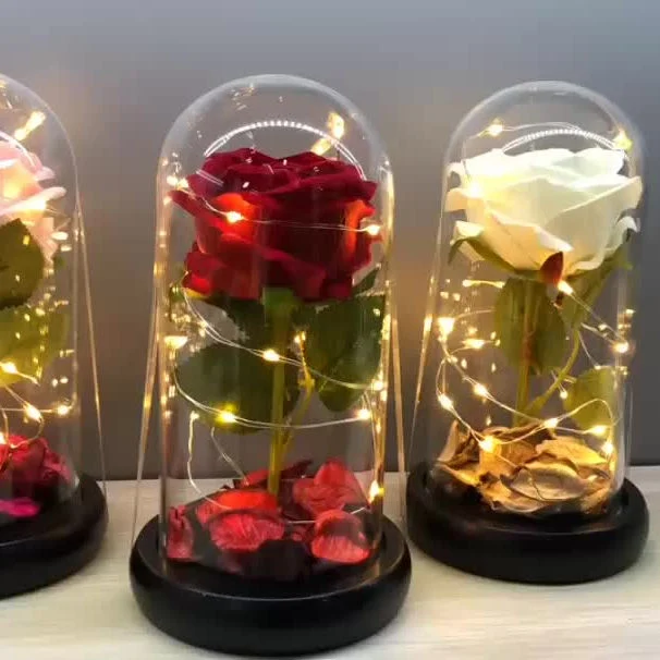 Haute qualité Cadeau Fleurs Rose Artificielle dans un Dôme en Verre avec Lumière LED Festival Fleurs Artificielles de la Saint-Valentin