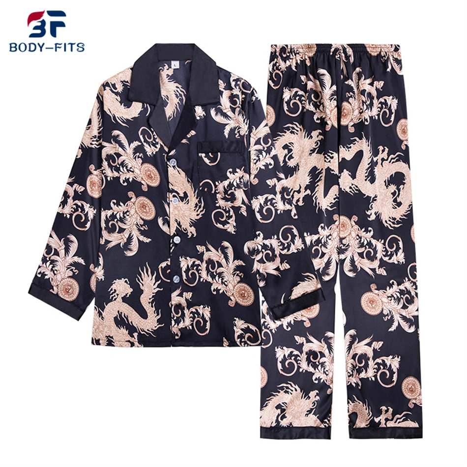 Custom Sleepwear Men&prime; S Print Button Down Long Sleeve Satin Silk Pajama Sets