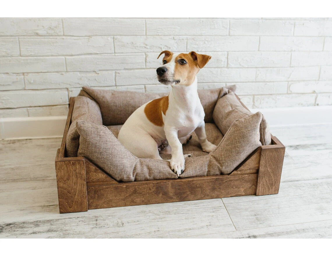 Handmade Wooden Dog or Cat Bed with Removable Mattress Set of 3