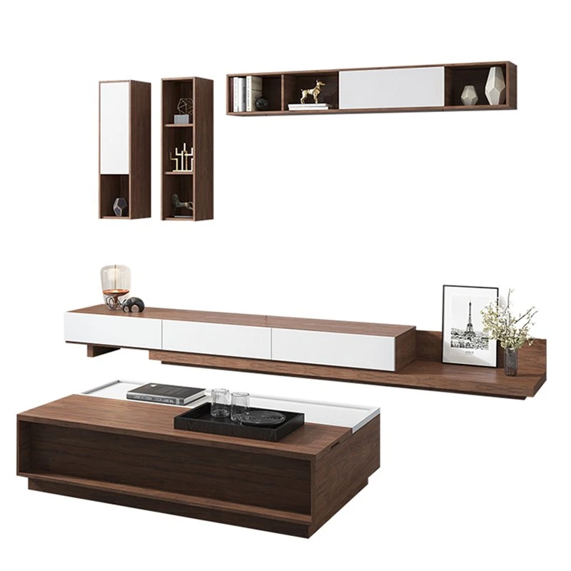 Made in China Wholesale/Supplier Home Living Room Furniture Walnut White Optional Wooden MDF TV Stand and Coffee Table Set for Home Hotel Apartment