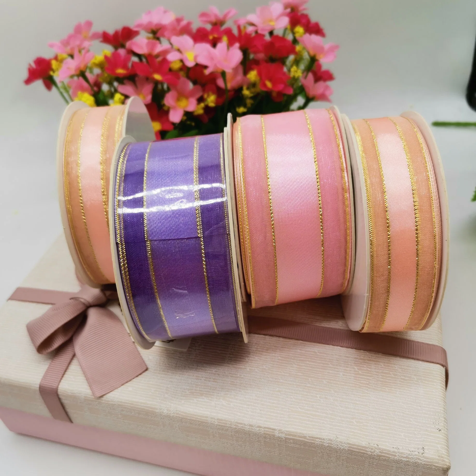 Satin Center Organza Ribbon with Gold/Silver Lines for Christmas/Wrapping/Gift Box Packing/Bows
