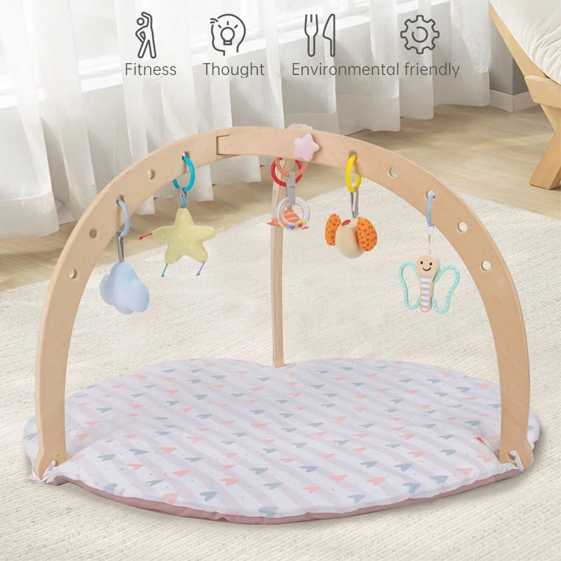 Montessori Madeira Baby Play ginásio com tapete de brincadeira e 3 Brinquedos suspensos