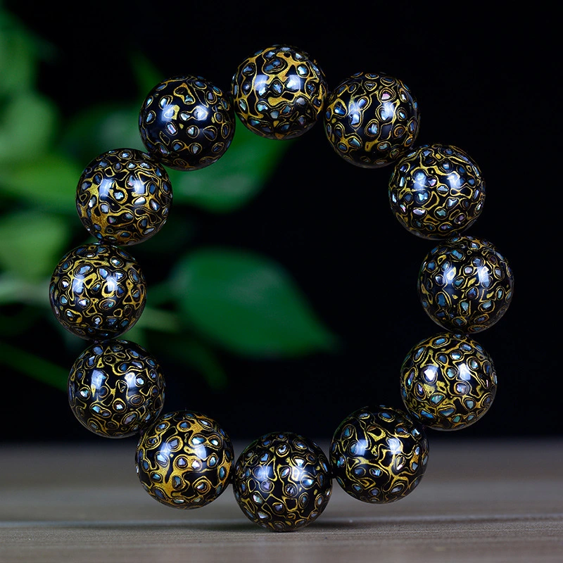 Lacquer Beads Full of Mother Pearl Blackgold Buddhist Beads Bracelet Technology