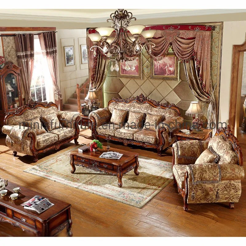 (MN-SF116) Home/Hotel Living Room Furniture Antique Vintage Wood Fabric Sofa Set