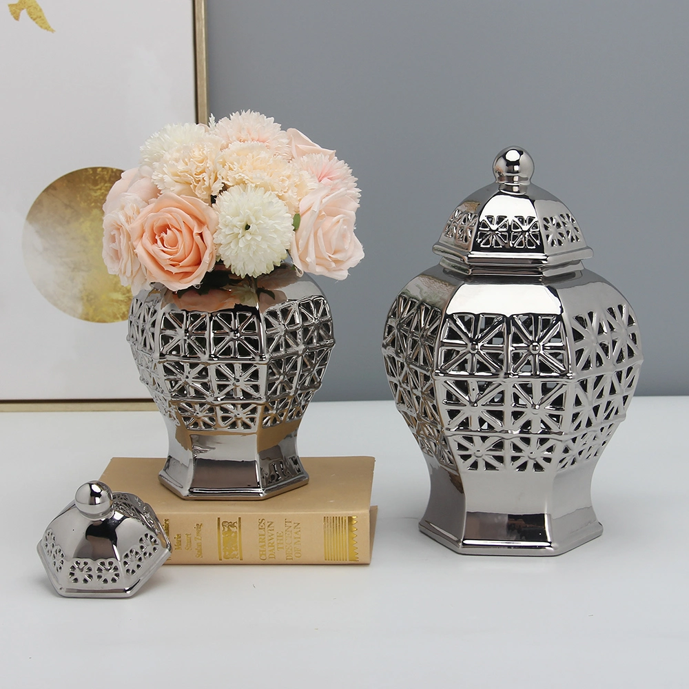 J139 New Design Porcelain Jar Flower Pot Home Decoration Handicraft Hollow out Ceramic Silver Vase for Home Decor