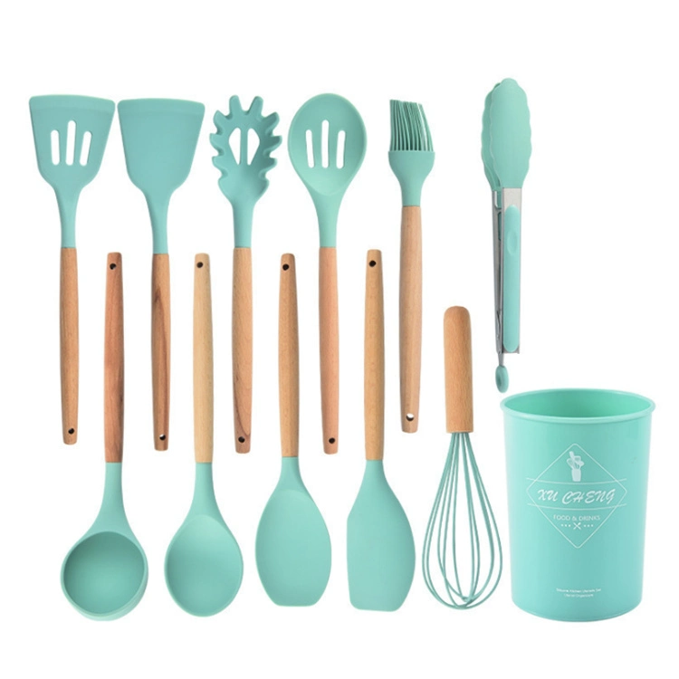 12PCS Non-Stick Silicone Kitchenware Cooking Tool Silicone Kitchen Utensils Sets with Wood Handle