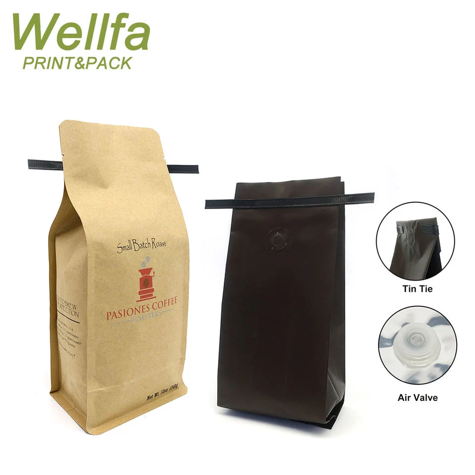 Benutzerdefinierte Druck umweltfreundliche 500g 800g 1kg Kraftpapier Verpackung Reißverschluss 8 Seite Flat Bottom Coffee Bag mit Ventil