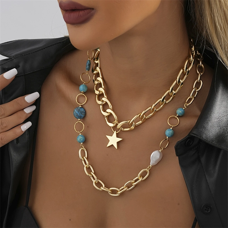 Stainless Steel Gold Plated Star Tassel Necklace Stone Beads Necklace