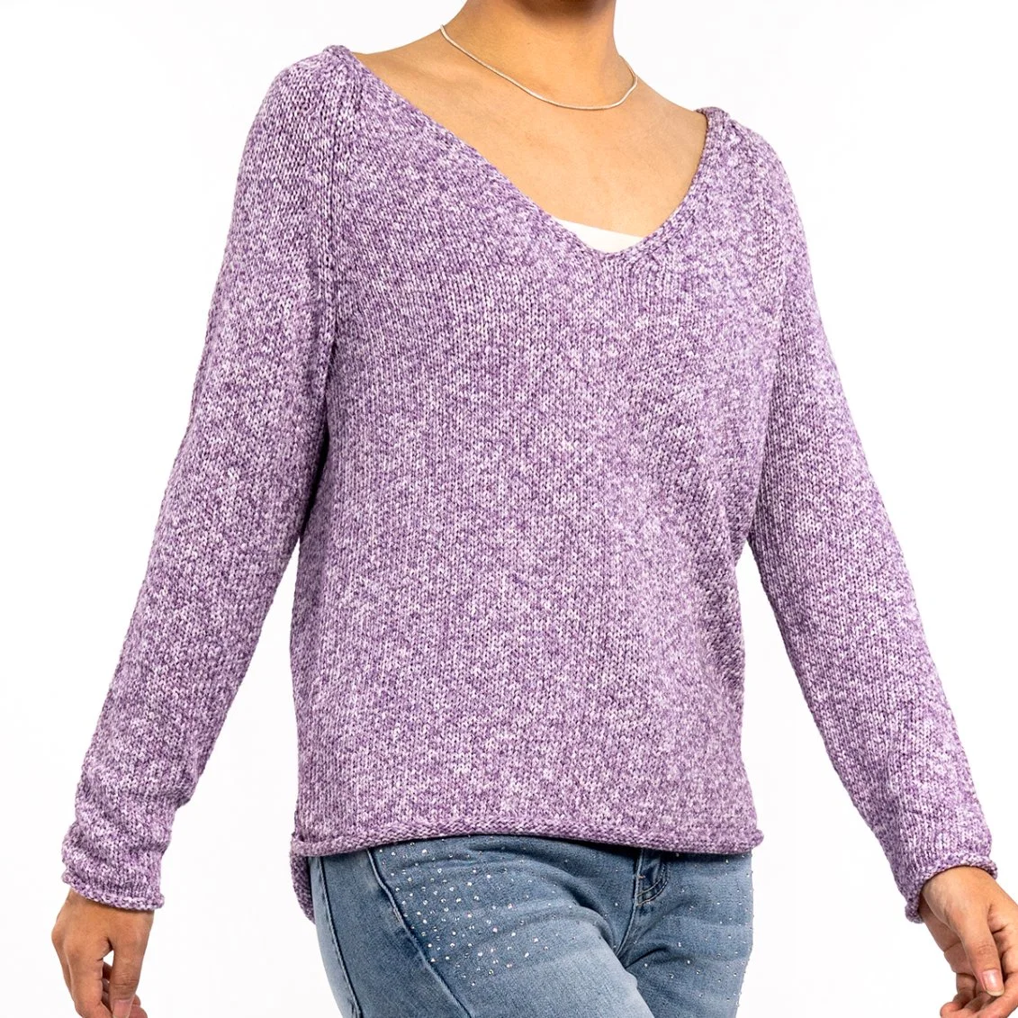 Moda Otoño Morado V-Neck Slim Enrollada larga manga para Mujeres de moda