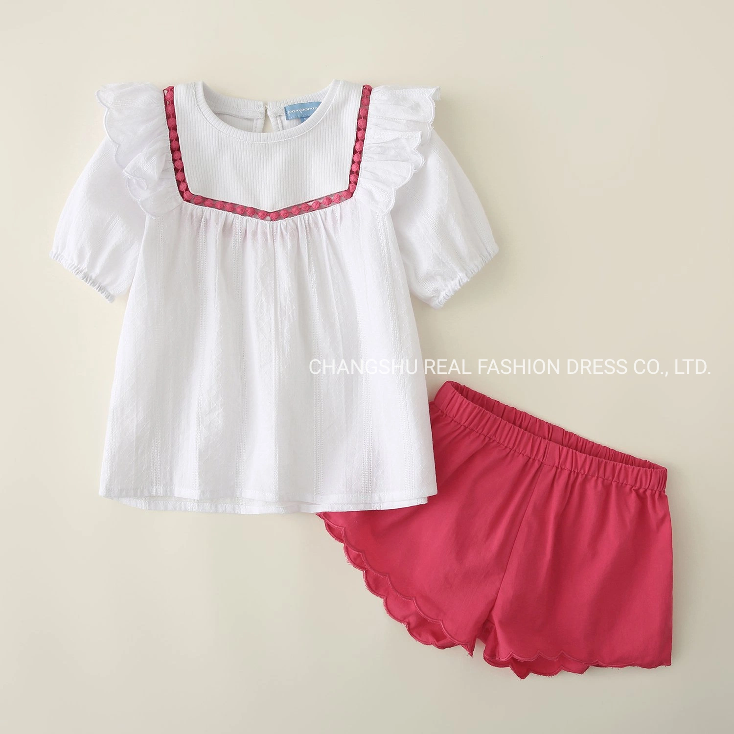 Children Clothes Girl Baby Woven Top and Short Suit Wear with Embroidery and Pompom Tape
