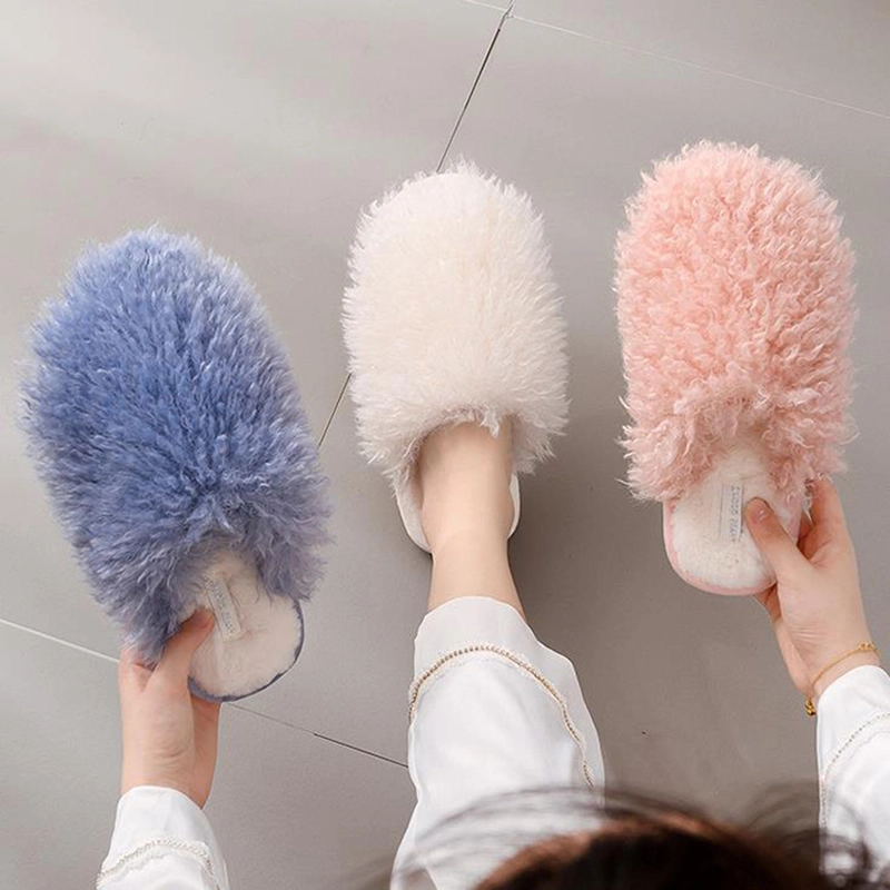 Ladies Faux Fur Slides Slippers Winter Indoor Home Women&prime; S Plush Cotton Shoes