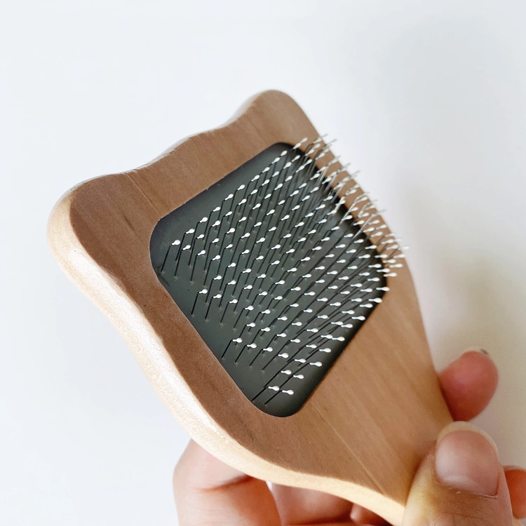 Outil de nettoyage pour cheveux à manche en bois en acier inoxydable personnalisé Brosse de nettoyage pour chien