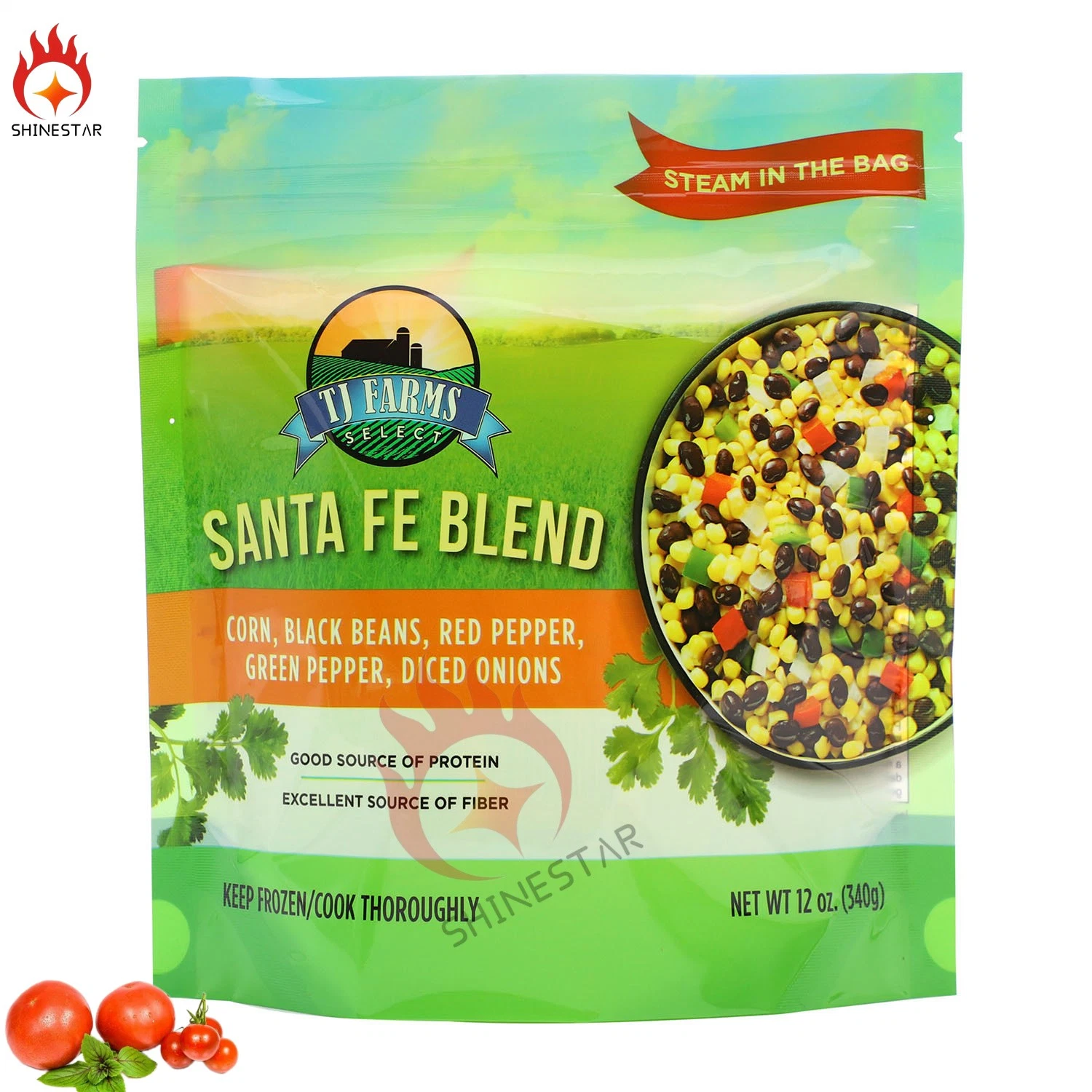 Stand up Food Packaging Pouch for Frozen Corn, Black Beans, Red Pepper, Green Pepper, Diced Onions