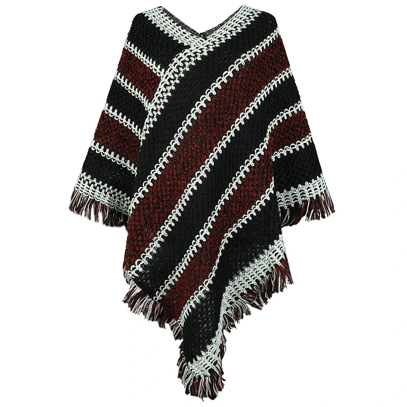 Autumn and Winter New Contrasting Stripes European and American Cross-Border Ethnic Style Tassel Pullover Cape Shawl Women Sweater