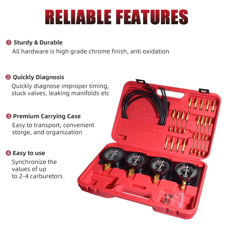 4 Gauge Motorcycle/Vehicle Fuel Vacuum Carburetor Synchronizer Diagnostic Adjustment Tools