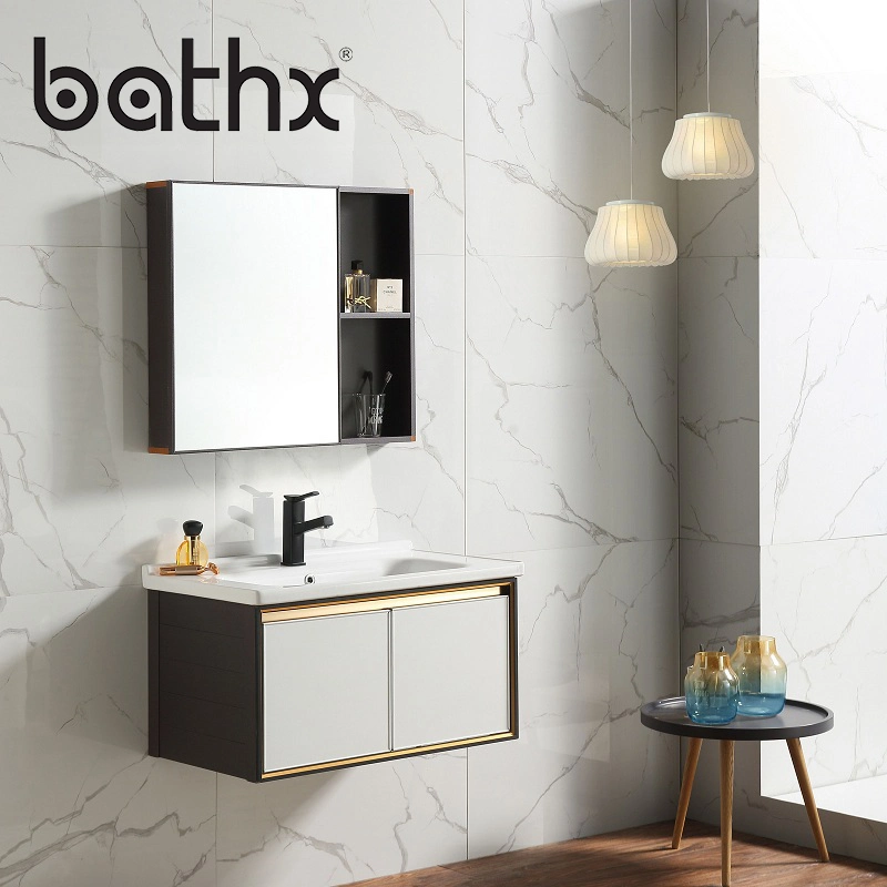 European Style Wall-Mounted Hotel Bathroom Space Aluminum Cabinet Furniture Save Storage Washbasin Vanities Mirrored Cabinet