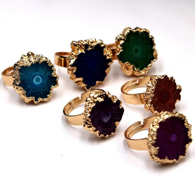 Hot Selling Fashion Gemstone Crystal Gold Ring High quality/High cost performance Sunflower Gold Ring Inlay Druzy Agate Ring