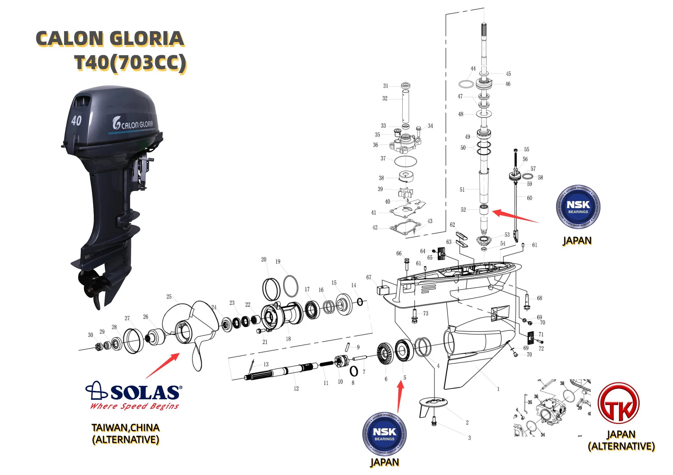 Moteur hors-bord Calon Gloria Power Trim 40HP largement utilisé, 2 temps, démarrage électrique, pour bateau