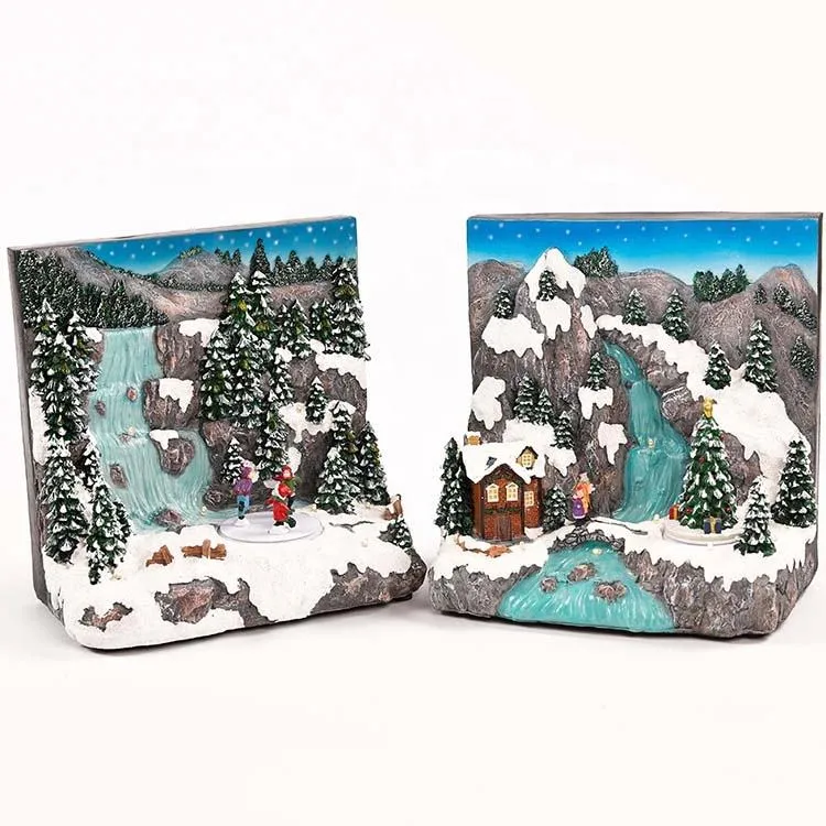 Polyresin Painting Mountain/Village Scene with Tree Animated LED Music House Ornament