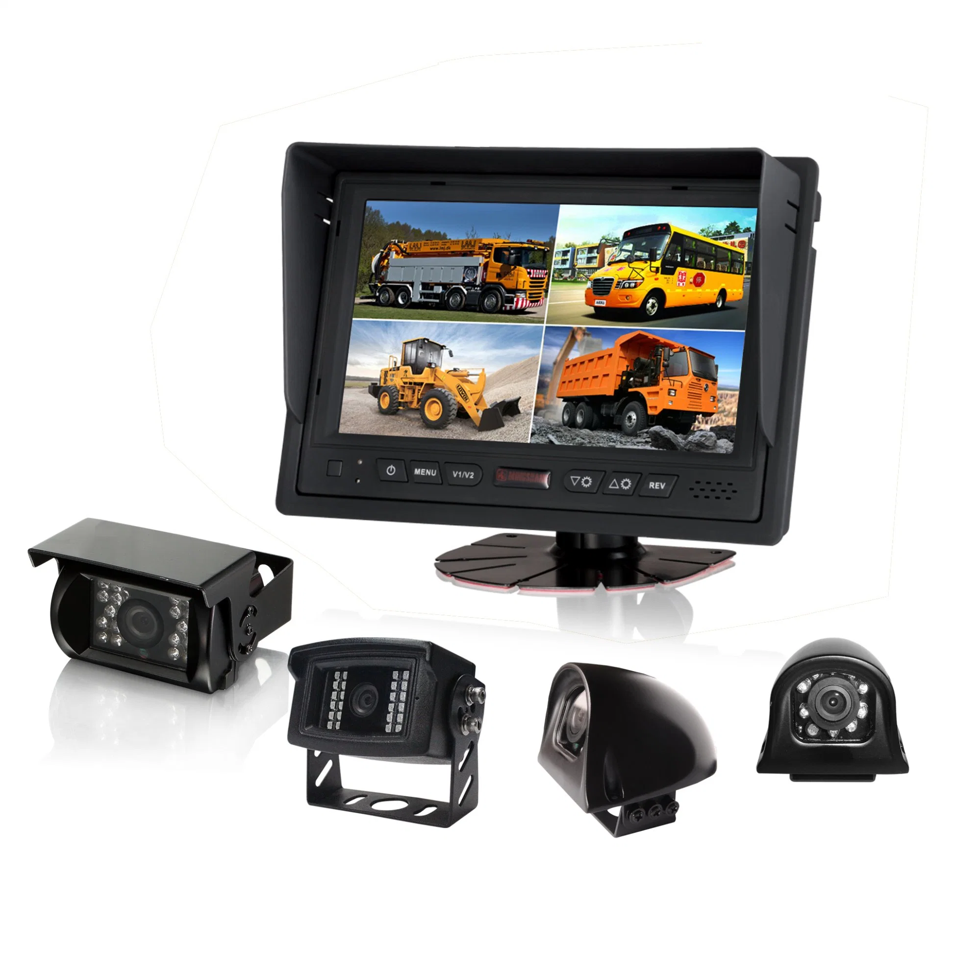 Rear View System with 7" Quad TFT LCD Monitor and Four Waterproof Backup Cameras