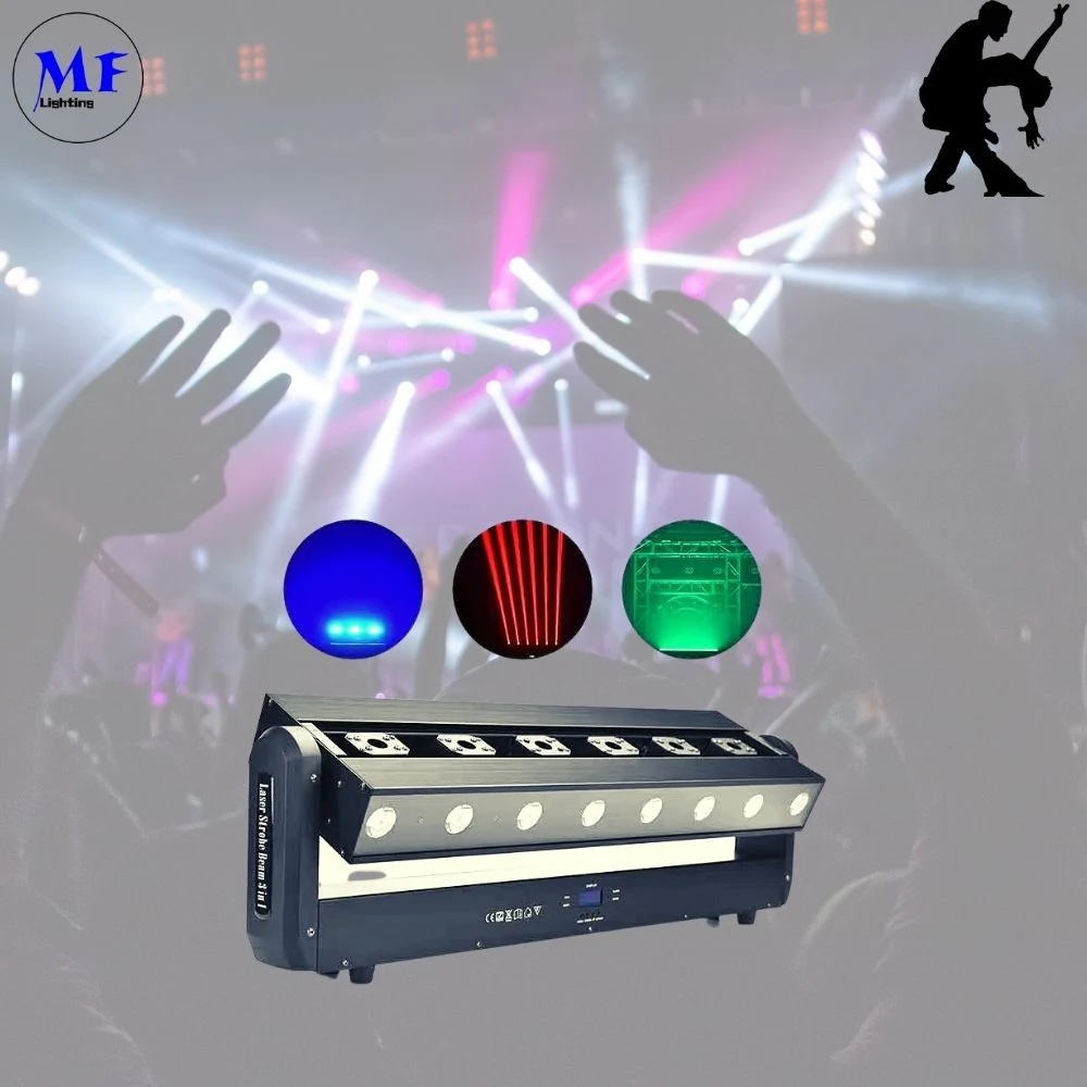 Feixe laser de cabeça móvel de barra lenta Hallbar de 300 W multifuncional Luz de palco, luzes LED DJ, 6 LED laser e 8 LED estroboscópico Farol de médios em movimento