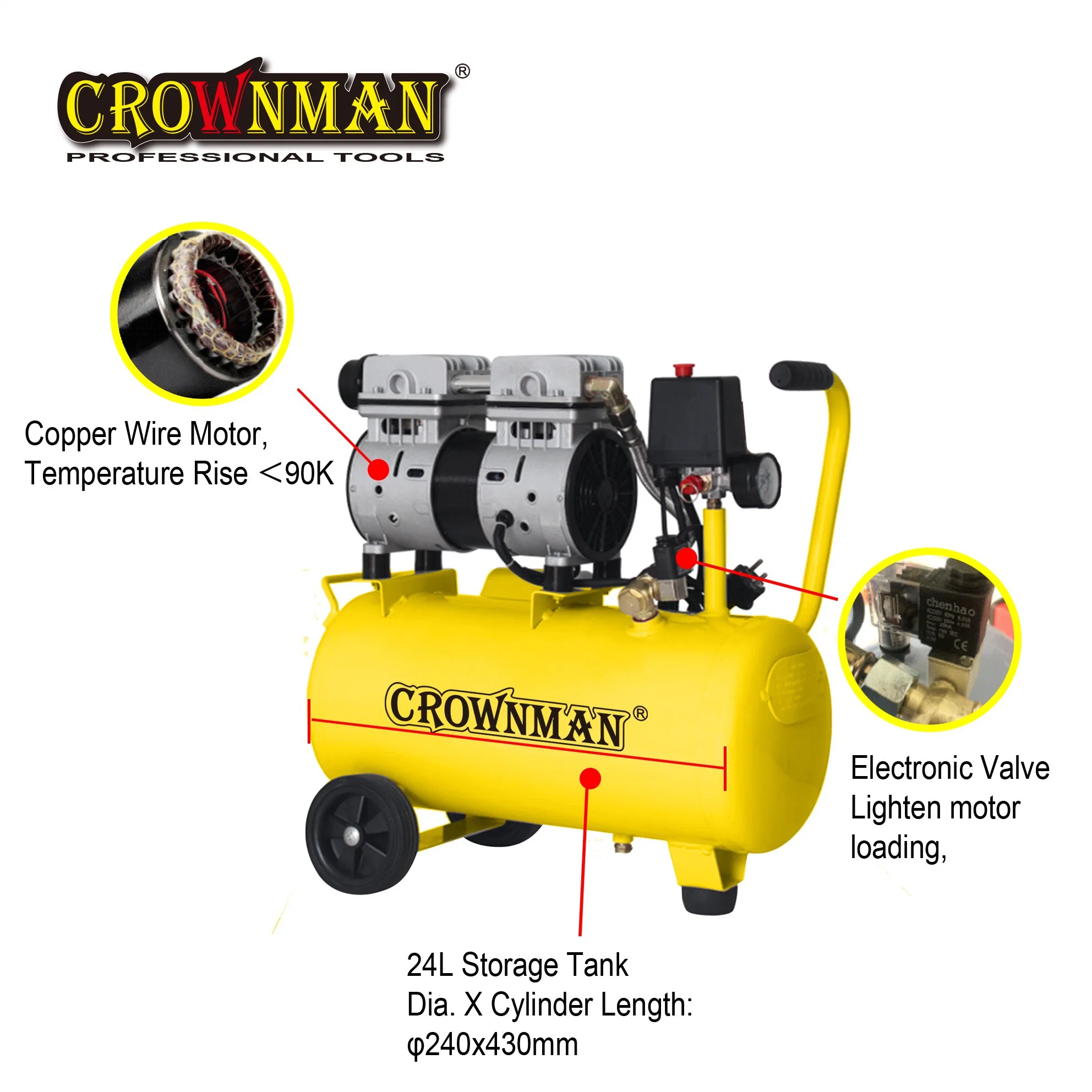 Crownman Compressor de Ar Silencioso sem Óleo com Plugue Europeu Tipo VDE de Dois Pinos Redondos.