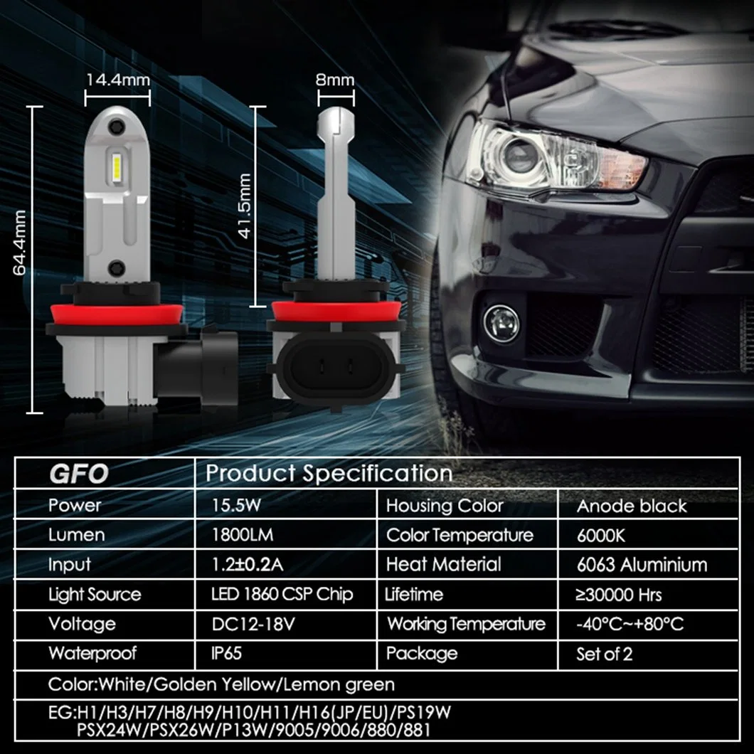 2 unidades de farol LED GFO, de grande luminosidade, 30 W, 3600 lm para automóvel Farol H7 H11 H8 9005 lâmpada LED H7 H8 H11