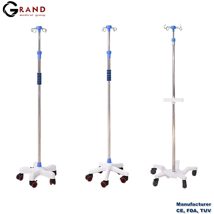 Hospital Furniture Support Transfusion Removable Stainless Steel 4 Hook IV Pole Infusion Stand with Wheels
